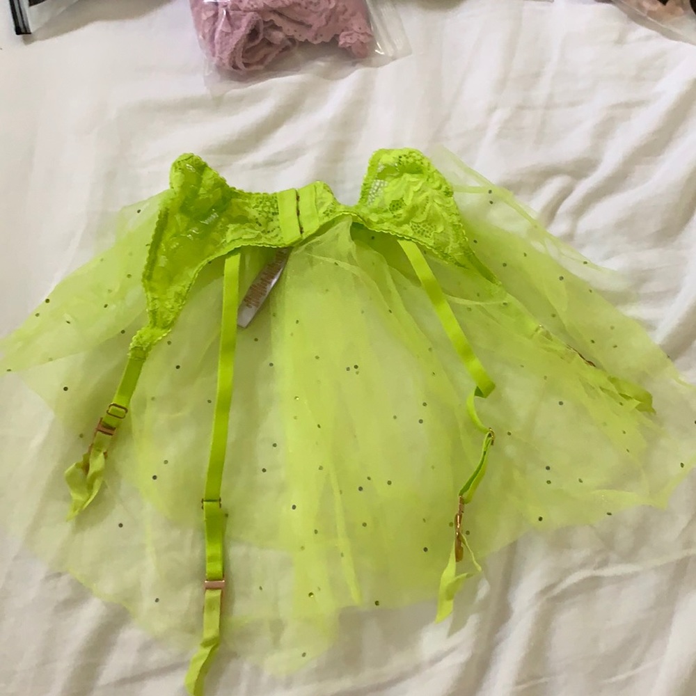 Savage X Fenty TuTu Garter in lime green w/ rhinestone accents on tulle, size XS